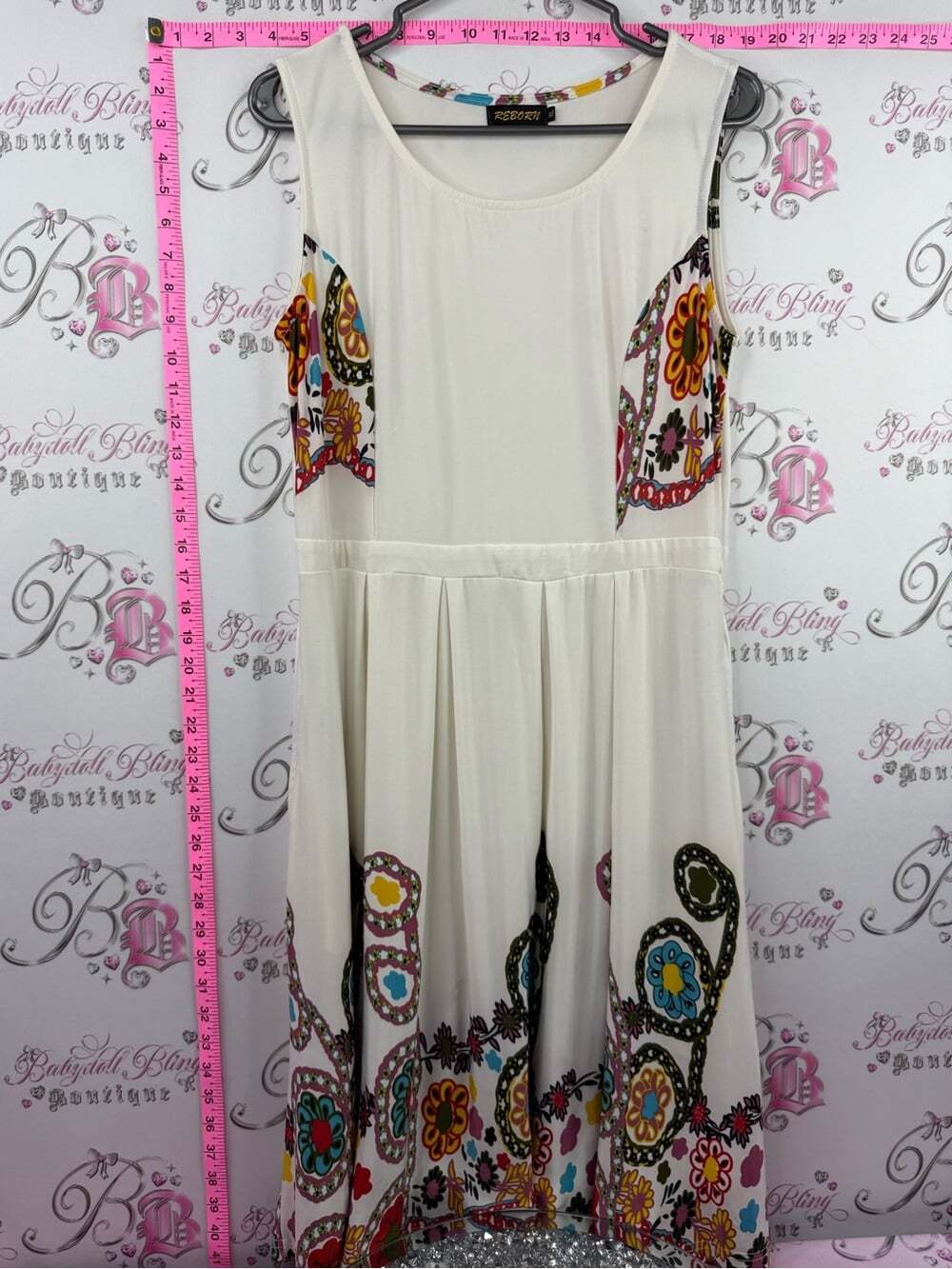Reborn dress Cream Midi Dress with Multicolor Floral Border